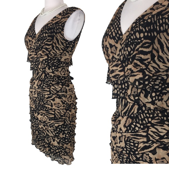 Jones New York Animal Print Ruffle Pleat Sleeveless Sheath Midi Dress size 10 - Picture 3 of 12